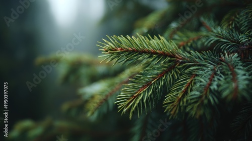 Evocative close up of coniferous branch in natural moody woodland scene