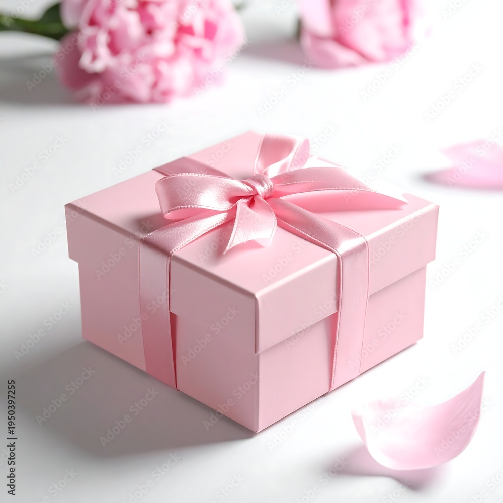 Obraz premium Pink gift box with ribbon on white surface. Flowers surround