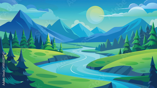 A serene flat vector illustration of a winding river flowing through a lush green valley landscape