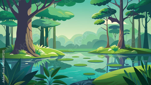 A serene illustration of a lush tropical forest landscape featuring a calm pond with lily pads