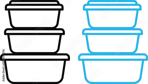 Stack of three food containers in outline style black and blue on transparent background