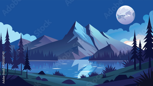 A serene night landscape featuring a tranquil lake reflecting the light of a bright full moon