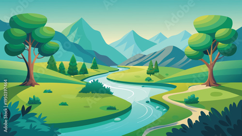 A serene landscape illustration featuring a winding river flowing through green hills and mountains