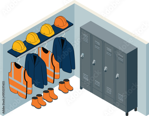 Isometric, construction, locker, room, safety, equipment, helmets, vests, boots, uniforms, storage, workplace, industry, protective, gear, illustration, organized, facility, workers, interior