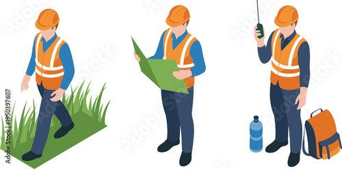 Isometric, construction, worker, engineer, builder, surveyor, safety, helmet, vest, blueprint, radio, inspection, fieldwork, industry, professional, equipment, illustration, set, character, design