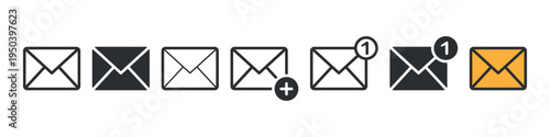 mail envelope icons set showing message, notificationadd symbol, and send actions in modern minimal interface style.