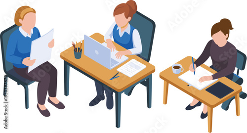 Isometric, office, workers, business, employees, workplace, laptop, paperwork, writing, desk, corporate, teamwork, productivity, management, communication, illustration, 