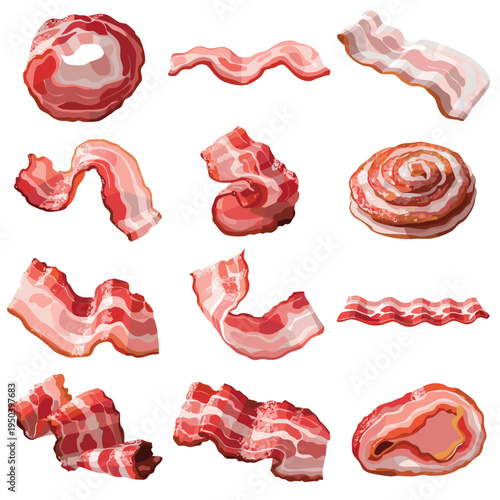 Photorealistic Raw Bacon Slices and Cured Meat Variety Set