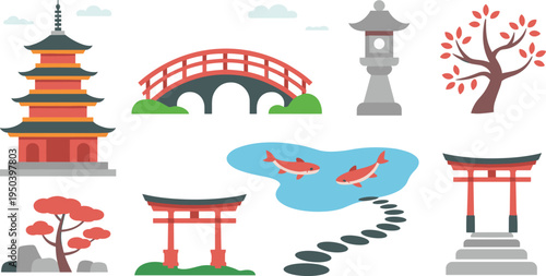 Japanese traditional architecture set, pagoda torii bridge lantern koi pond vector illustration collection inspired by Japan culture and garden design