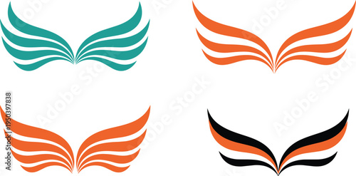 Vector illustration of stylized wings in teal, orange, and black designs for logos, emblems, and creative artwork