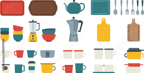 Kitchen utensils and cookware collection, cutting boards cups bowls blender kettle teapot mugs flat design kitchen equipment vector set
