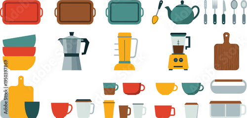 Kitchen utensils and cookware set, cutting boards blender moka pot bowls cups teapot flat design kitchen equipment vector illustration