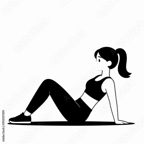 Minimalist flat vector illustration of a young adult White woman performing a core abdominal exercise crunch on a fitness mat, active lifestyle and wellness concept, isolated on white background.