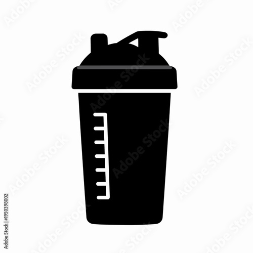 Minimalist flat vector icon of a single black protein shaker bottle for fitness and bodybuilding, isolated on white background
