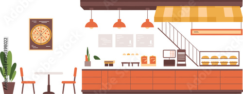 Modern cafe interior flat illustration, coffee shop counter bakery display furniture restaurant interior design vector food service concept scene