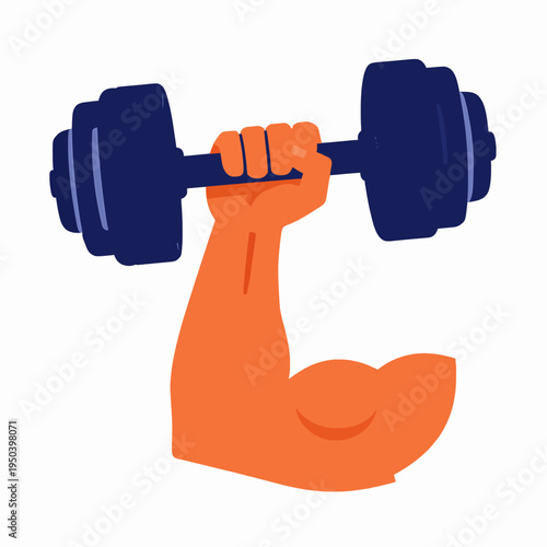 Powerful Black man's muscular arm and clenched fist lifting a heavy dumbbell at the gym, minimalist flat vector illustration, concept of strength