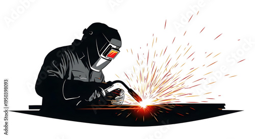 Welder in protective mask and gloves welding metal with sparks silhouette vector illustration