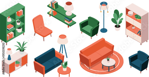 Modern living room furniture set, sofa armchair chair bookshelf lamp isometric flat vector illustration collection for home interior design