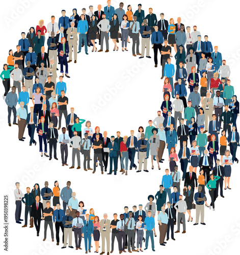 Illustration vectorielle représentant le chiffre 9 de l’alphabet constituée d’une foule de personnages d’âge, de races et de sexes différents. Employés d'une entreprise, salariés ou cadres.