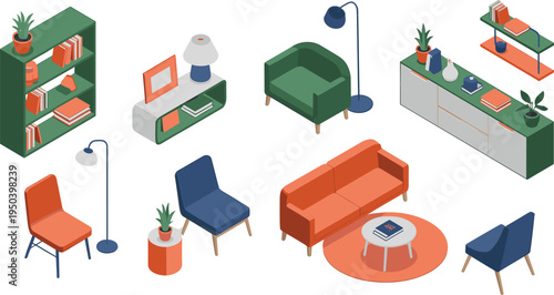 Modern living room furniture set, sofa armchair chair shelf lamp isometric flat vector illustration collection for stylish home interior
