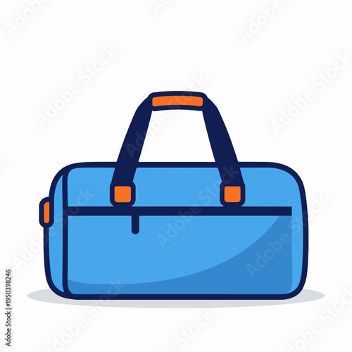 Professional flat vector illustration of a single blue gym duffel bag with orange accents for a fitness adult at the gym, isolated on white background, minimalist sports equipment concept.