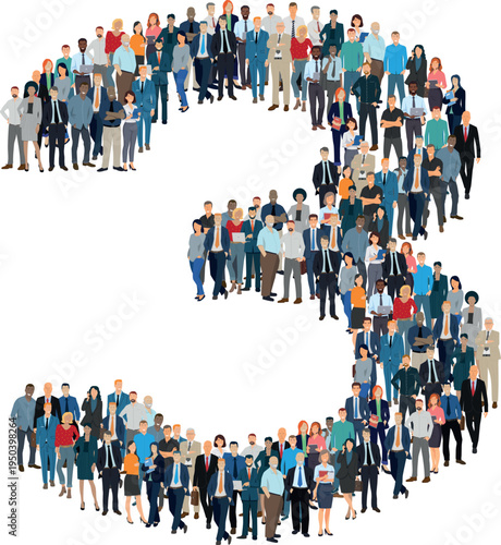 Illustration vectorielle représentant le chiffre 3 de l’alphabet constituée d’une foule de personnages d’âge, de races et de sexes différents. Employés d'une entreprise, salariés ou cadres.