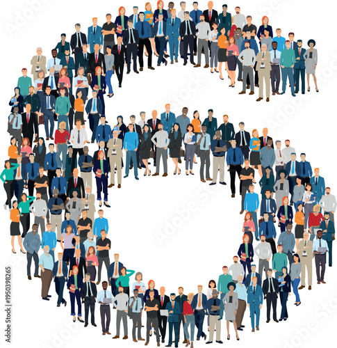 Illustration vectorielle représentant le chiffre 6 de l’alphabet constituée d’une foule de personnages d’âge, de races et de sexes différents. Employés d'une entreprise, salariés ou cadres.