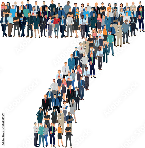Illustration vectorielle représentant le chiffre 7 de l’alphabet constituée d’une foule de personnages d’âge, de races et de sexes différents. Employés d'une entreprise, salariés ou cadres.