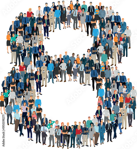 Illustration vectorielle représentant le chiffre 8 de l’alphabet constituée d’une foule de personnages d’âge, de races et de sexes différents. Employés d'une entreprise, salariés ou cadres.