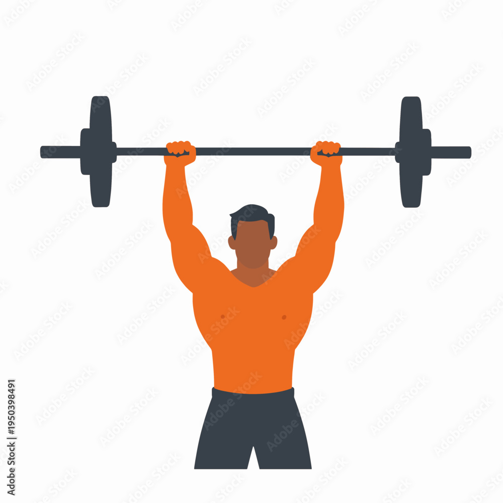 Naklejka premium Focused adult Black African American man athlete lifting a heavy barbell in a gym setting, flat vector illustration of physical fitness and strength training exercise isolated on white background.