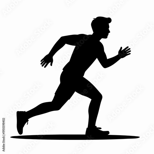 Determined adult Black man sprinting outdoors at a stadium track during a sunny morning, wearing athletic shorts, representing fitness and health concept, flat vector silhouette style.