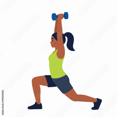 A focused Black woman athlete performing a weighted lunge exercise while lifting two blue dumbbells overhead in a gym setting, wearing green and black athletic wear, flat vector fitness concept.