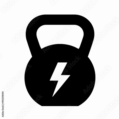 Flat Vector Illustration of a Single Heavy Kettlebell with Lightning Bolt Symbol, Symbolizing Strength and Explosive Energy for Fitness Training, Minimalist Black Icon Isolated on White Background.
