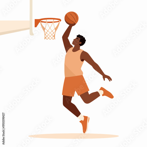 Dynamic Black male basketball player performing a powerful slam dunk at an indoor gym, wearing a minimalist athletic jersey, showcasing peak fitness and determination in a clean flat vector art style