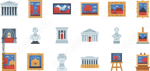 Museum and art gallery icons collection, paintings sculptures classical buildings exhibition frames vector illustration set of cultural heritage elements