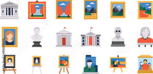 Museum and art gallery icons set, paintings sculptures portraits and exhibition frames vector illustration collection of cultural heritage elements