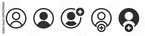 User profile icon and add member icon symbol, featuring human avatar with plus sign representing account, signup, registration and user management in minimal modern interface style.