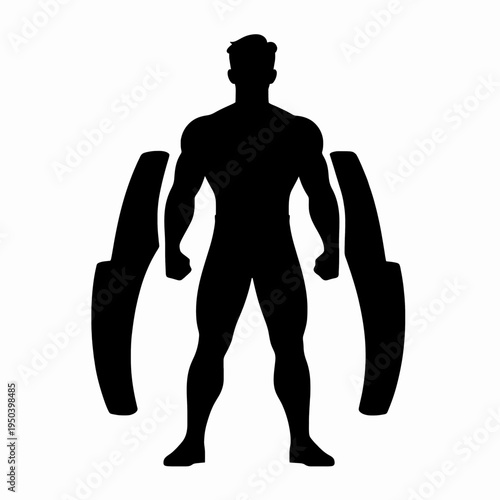 Full length flat vector silhouette of a strong muscular adult White man standing in a confident pose, athletic male bodybuilder figure for fitness and health concepts isolated on white background