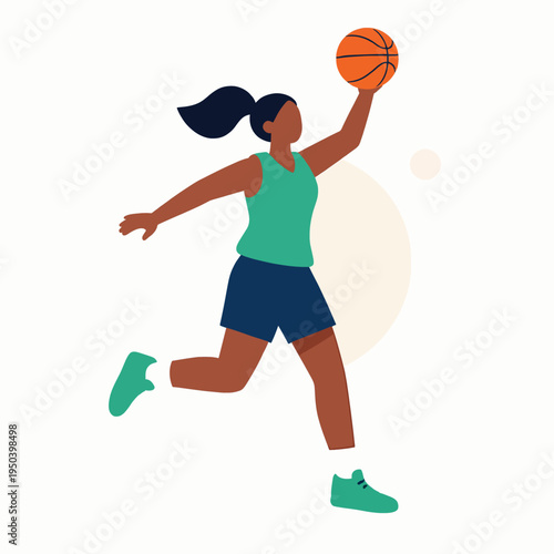 Flat vector illustration of a professional Black woman basketball player performing a dynamic jump shot, energetic female athlete in green jersey and blue shorts isolated on white background.