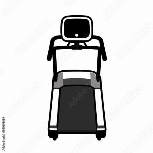 Top view flat vector illustration of a single modern treadmill icon for gym floor plan, minimalist black and white line art, professional fitness equipment design for interior architecture concept.