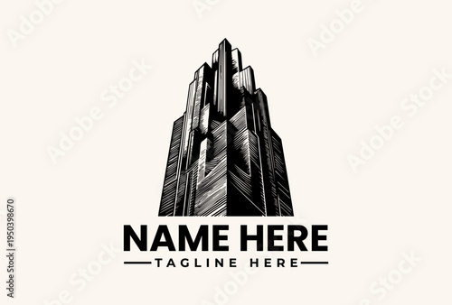 A black and white illustration of a stylized skyscraper logo with a placeholder name and tagline on a clean white background.