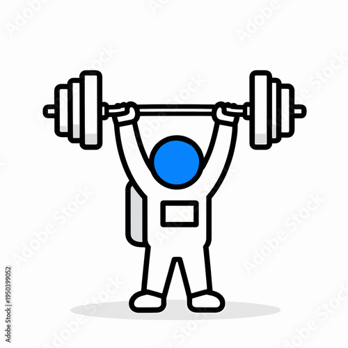 A White man astronaut in a sleek spacesuit performing a overhead barbell press weightlifting exercise in outer space, minimalist flat vector illustration representing fitness and strength concept.