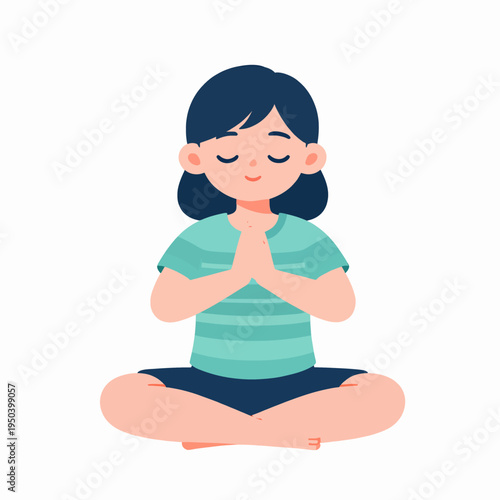 Peaceful young East Asian girl child practicing yoga tree pose indoors wearing a striped teal t-shirt and shorts for mindfulness and physical fitness concept, isolated on white background.