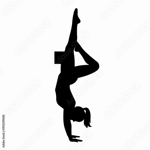 A single Black African American female gymnast performing a graceful handstand pose in a fitness studio, minimalist black vector silhouette on white background