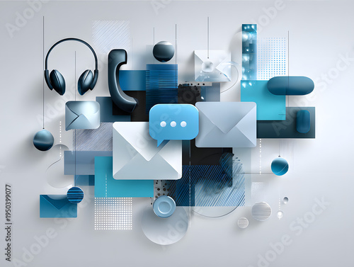 Modern contact and messaging concept with phone handset envelopes and chat bubble in blue abstract layout