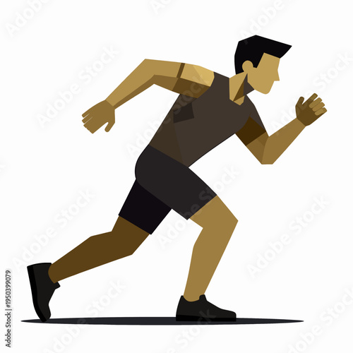 Dynamic flat vector illustration of a powerful Black male athlete sprinting, muscular adult man running in a minimalist geometric style, fitness and speed concept, energetic mood, isolated.