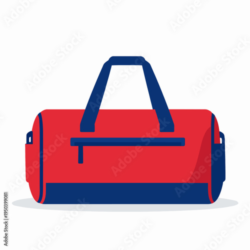 Minimalist flat vector illustration of a red and blue athletic duffel bag for gym, fitness, and travel, isolated on white background, sports equipment icon for healthy lifestyle concepts.