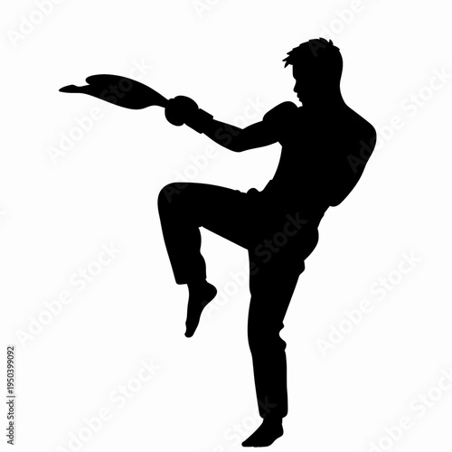 Athletic Black man performing a dynamic mid-air knee strike, minimalist flat vector illustration of a martial artist in a gym setting, powerful kickboxing silhouette for fitness and combat sports.