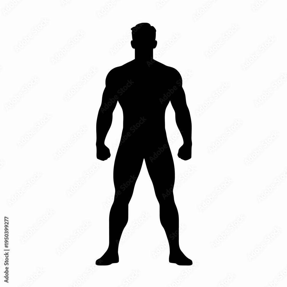 Obraz premium Minimalist flat vector silhouette of a fit muscular adult man standing in a confident pose, representing health, bodybuilding, and wellness, isolated on a white background