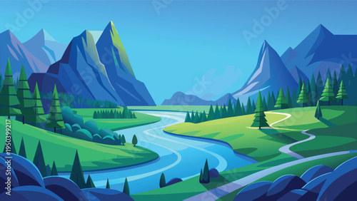 A serene vector illustration of a winding river flowing through a lush green valley with mountains